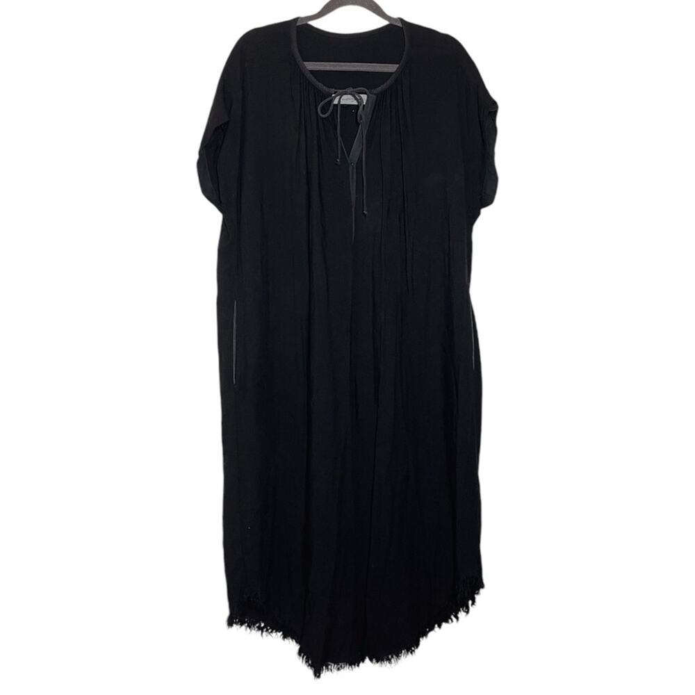 Raquel Allegra Black Silk Rayon Short Sleeve Fringe Raw Hem Dress - 2 / Large